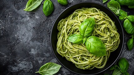 Pasta spaghetti with pesto sauce and fresh basil leaves in black bowl Grey background Top view : Generative AI
