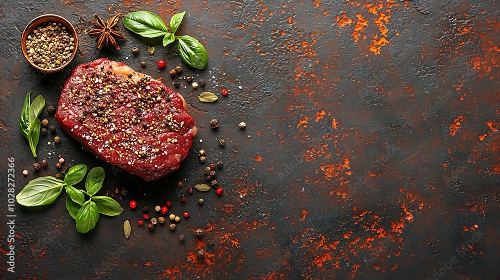 Poster raw beef steak with spices and ingredients for cooking top view copy space : generative ai