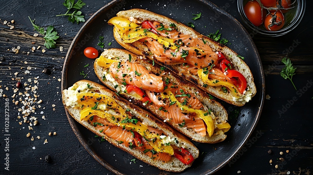 Poster sandwich with salmon vegetables and cream cheese on plate dark background close up top view : genera