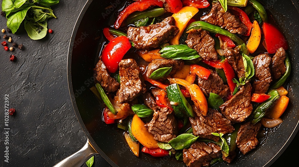 Poster beef and vegetables stir fry in a pan grey background top view : generative ai