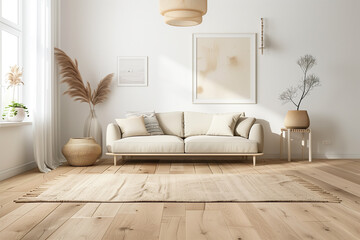 Scandinavian-inspired living room interior design with light oak flooring, white walls, a beige sofa, and minimalist decor, creating a cozy and serene environment.