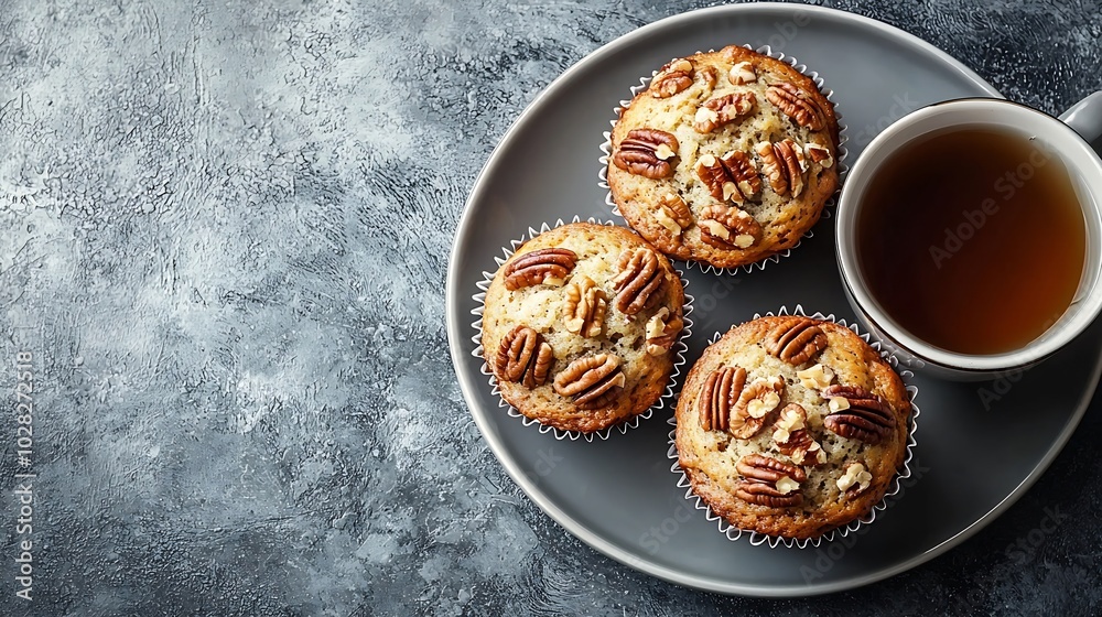Aufkleber pecan nut muffins with cup of tea on a plate grey background top view : generative ai