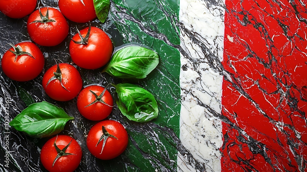 Poster caprese salad with tomatoes mozzarella cheese and basil with italian flag marble background top view