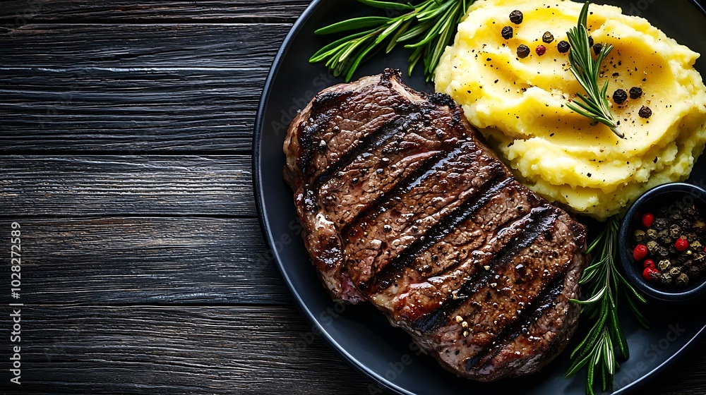 Aufkleber beefsteak with mashed potato on a plate grey wooden background close up top view : generative ai