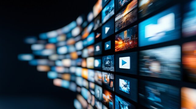 Ultra-modern media hub, floating video thumbnails, holographic grid interface, close-up, futuristic concept, copy space for text