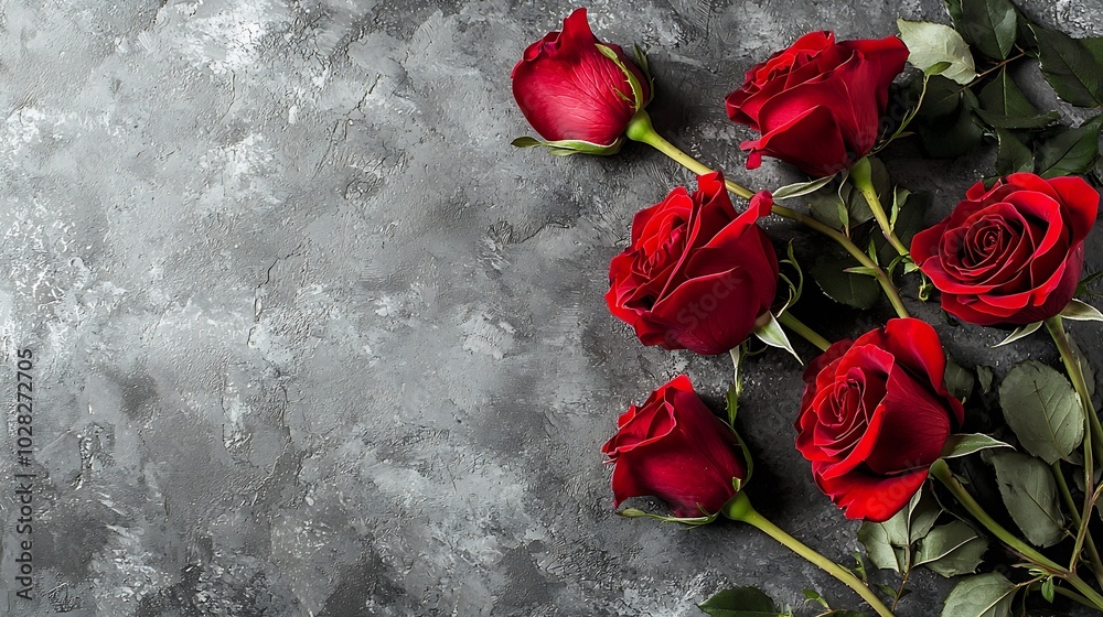 Poster red roses on grey stone background copy space top view : generative ai
