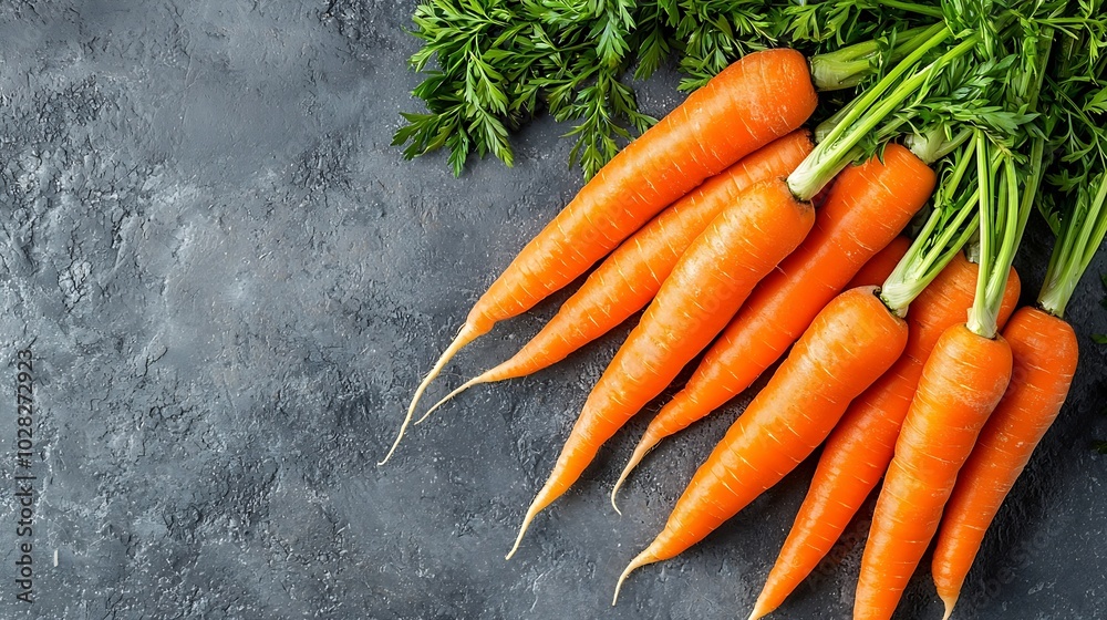 Poster fresh carrots bunch on a grey stone background top view : generative ai