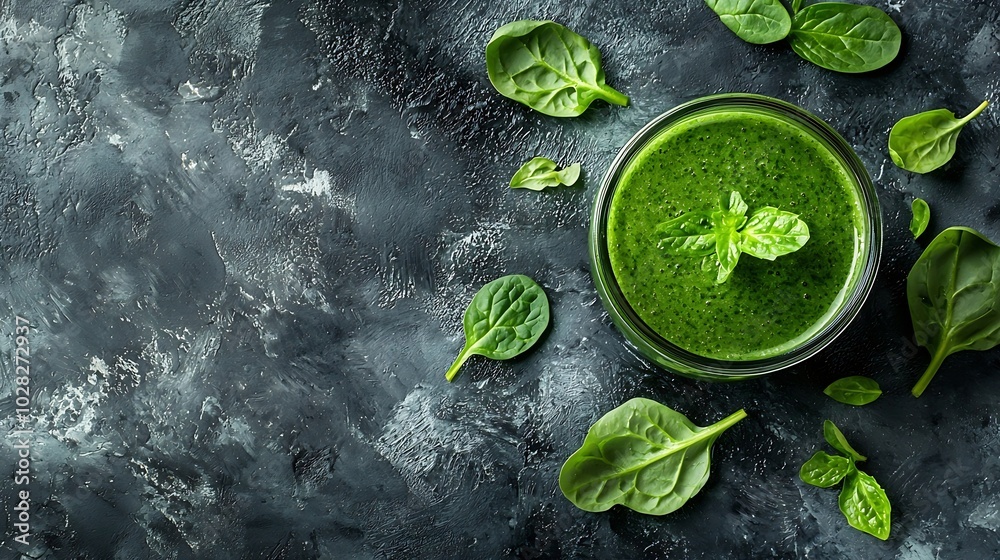 Poster spinach smoothie healthy drink in glass jar on grey stone background copy space top view : generativ