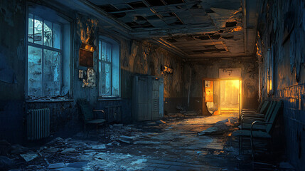 A derelict hospital with flickering lights and echoes of long-gone patients.