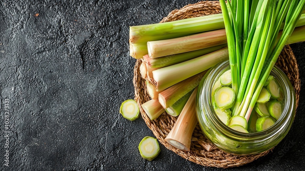 Poster lemongrass in a jar on grey stone background top view copy space : generative ai