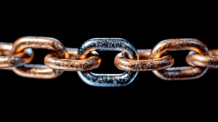 Fototapeta premium Close Up of a Shiny Metal Chain Link on Black Background Strength Connection Teamwork