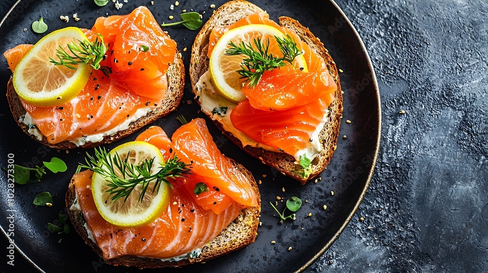 Aufkleber sandwich with salmon vegetables and cream cheese on plate dark background top view : generative ai