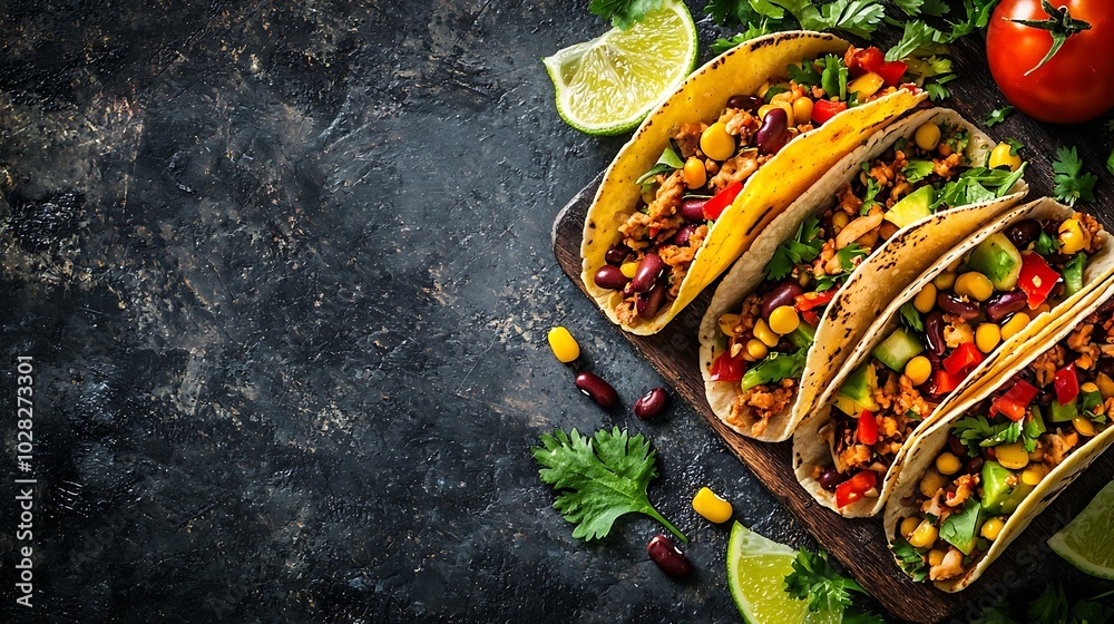 Poster Taco with mixed vegetables beans on cutting board Grey background Copy space Top view : Generative AI