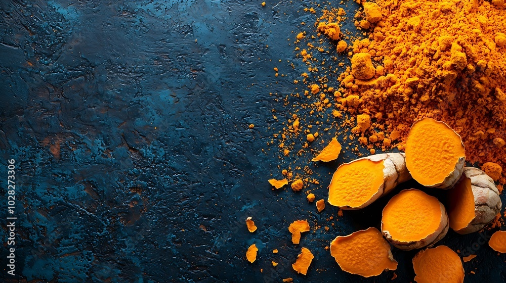Poster fresh turmeric curcuma tumeric roots powder and dried slices dark background top view : generative a