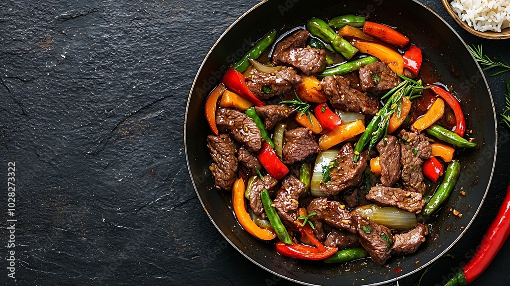 Poster beef and vegetables stir fry in a pan and rice blue stone background top view : generative ai
