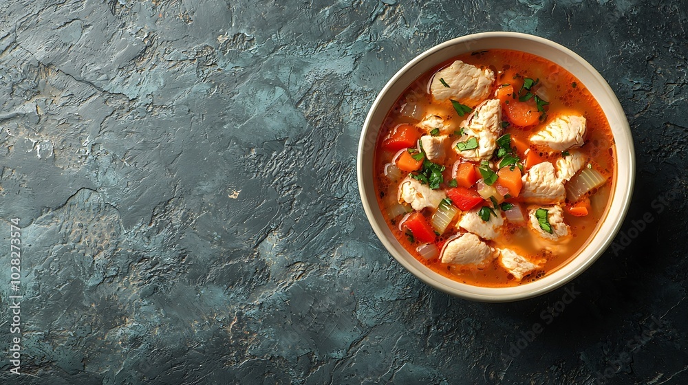 Poster chicken soup with vegetables in white bowl grey stone background copy space : generative ai