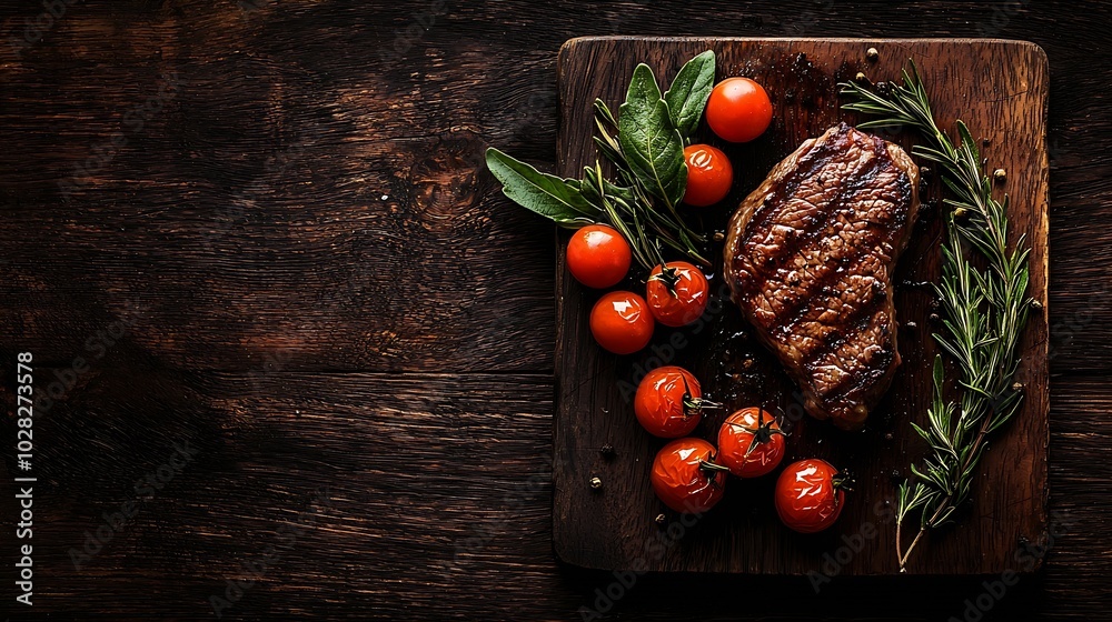 Poster beef steak with cherry tomato and rosmary on a dark cutting board wooden background top view copy sp