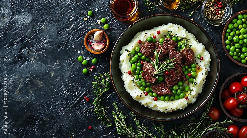 Aufkleber Mashed potatoes with beef meat and green peas in bowl Dark background Copy space Top view : Generative AI