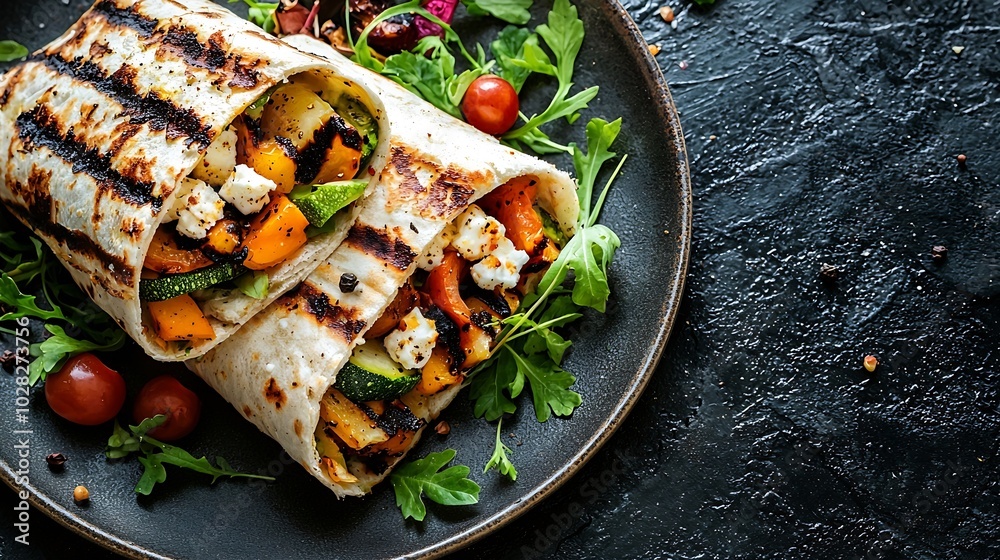 Poster wrap sandwich with grilled vegetables and feta cheese on a plate grey background copy space top view
