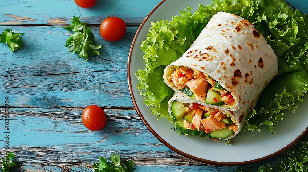 Poster wrap sandwich roll with salmon cucumber salad on a white plate blue background top view : generative