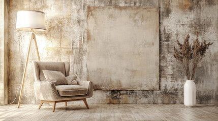 Modern Minimalist Living Room with Beige Abstract Canvas and Cozy Accents