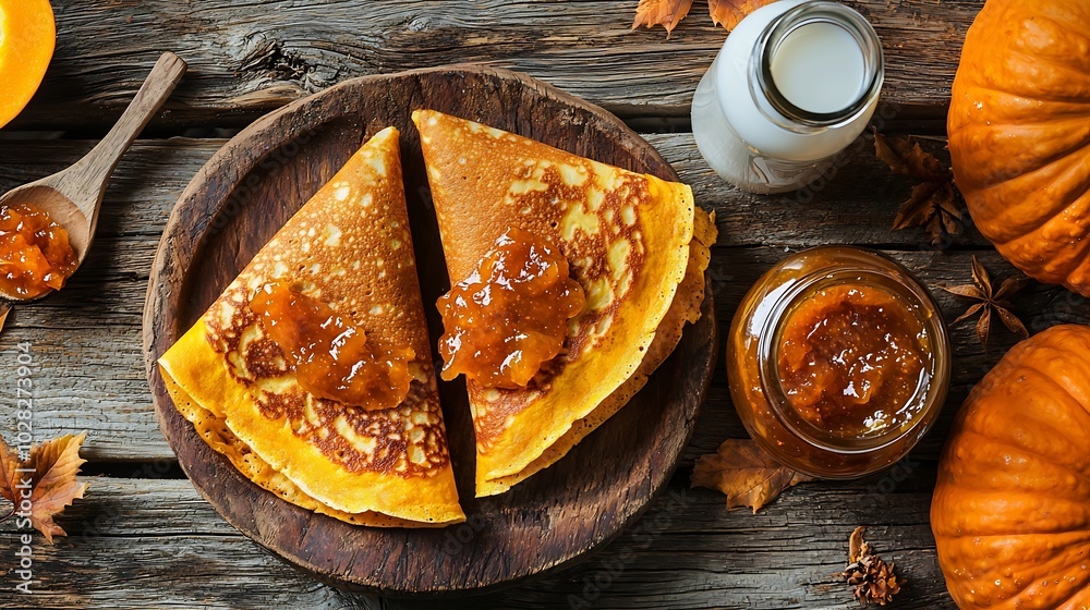 Poster thin crepes or pancakes with fresh pumpkin confiture jam and bottle of milk on a rustic wooden backg