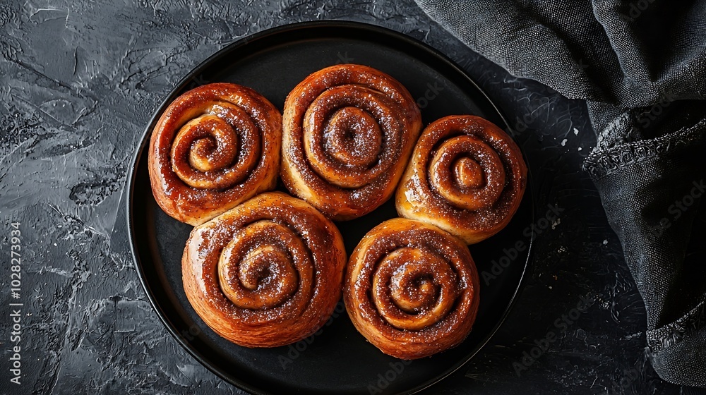 Poster cinnamon rolls cinnabons on black plate grey background top view : generative ai