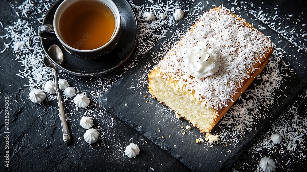 Poster banana coconut bread cake with cup of tea on slate board dark stone background copy space top view :