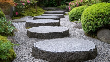 Stone Stepping Stones Path Through a Japanese Garden