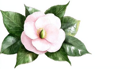 Watercolor Illustration of a Pink Camellia Flower with Green Leaves on White Background