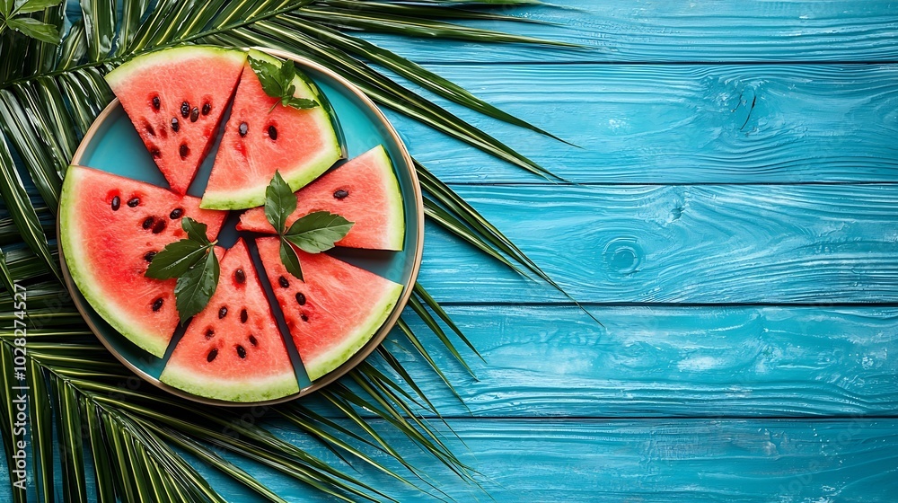 Aufkleber watermelon slices and juice on a plate colorful wooden background with palm leave top view : generat