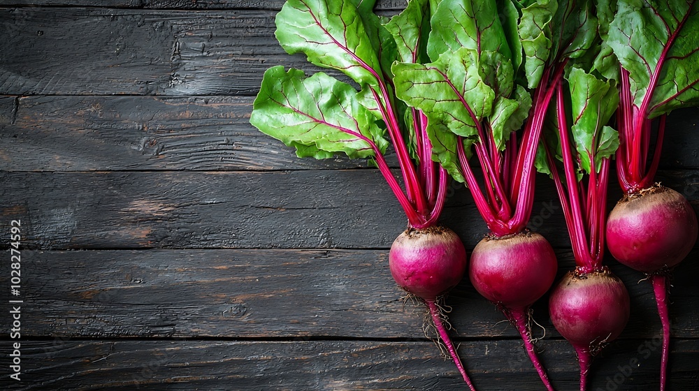 Poster fresh organic beet beetroot on grey rustic wooden background top view copy space : generative ai