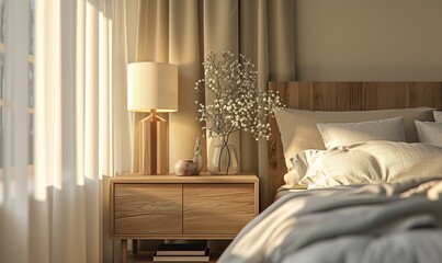 Comfort elegant beige bed near the wooden cabinet and nightstand lamp on top against a beige wall. Relaxing bedroom interior design
