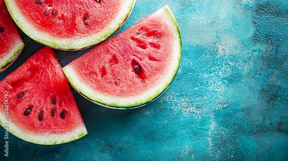 Poster Watermelon slices on blue background Top view : Generative AI