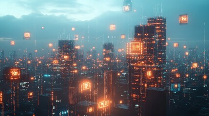 Fototapeta premium Futuristic Cityscape with Glowing Data Blocks in the Night