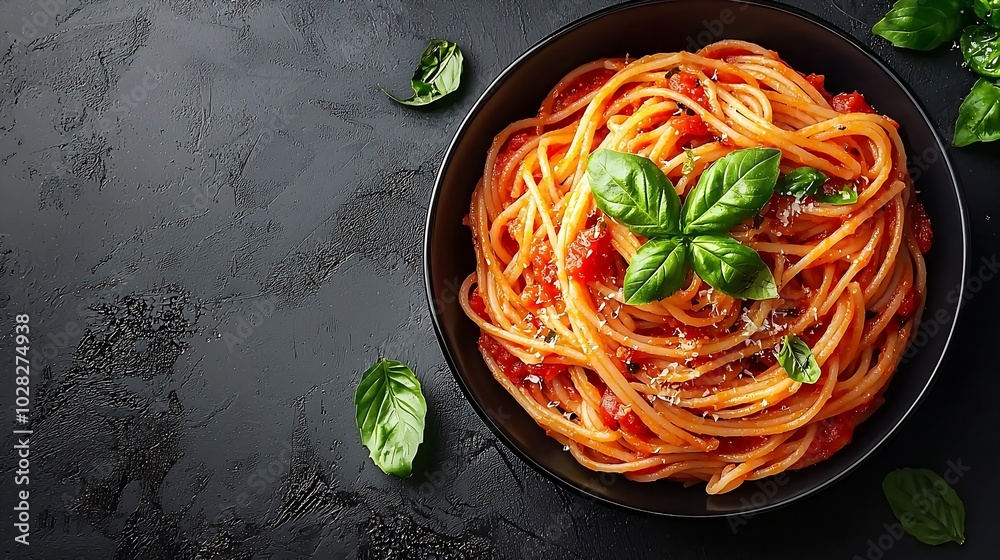 Poster pasta spaghetti with tomato sauce in black bowl on grey background copy space top view : generative 