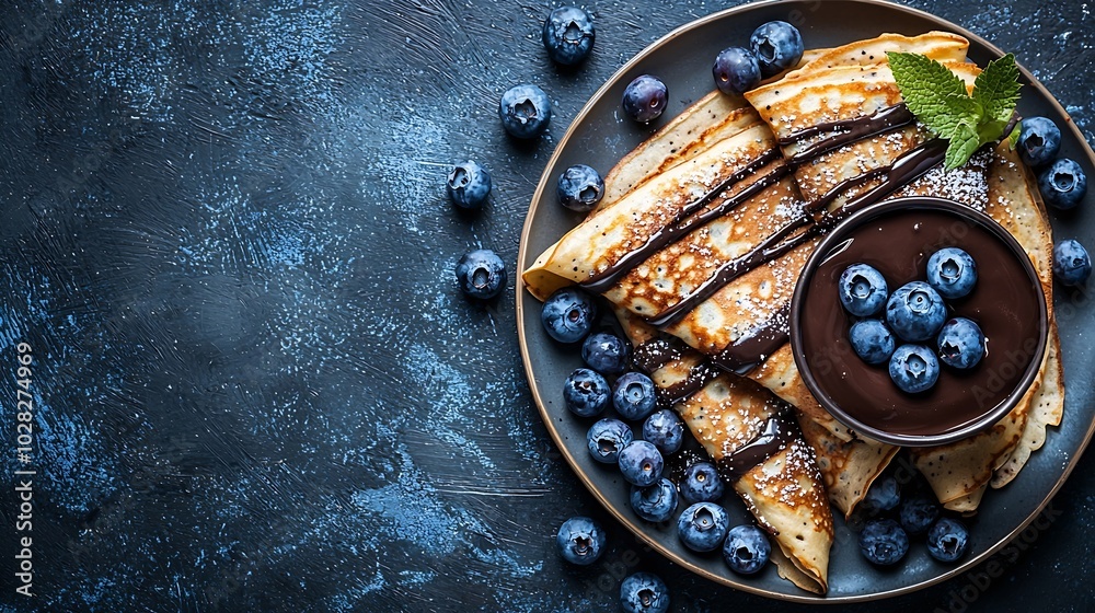 Poster crepes thin pancakes with chocolate sauce and fresh blueberries grey background copy space top view 