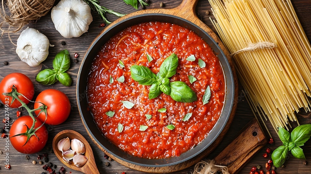 Aufkleber traditional tomato sauce in saucepan with spaghetti pasta grey background top view : generative ai