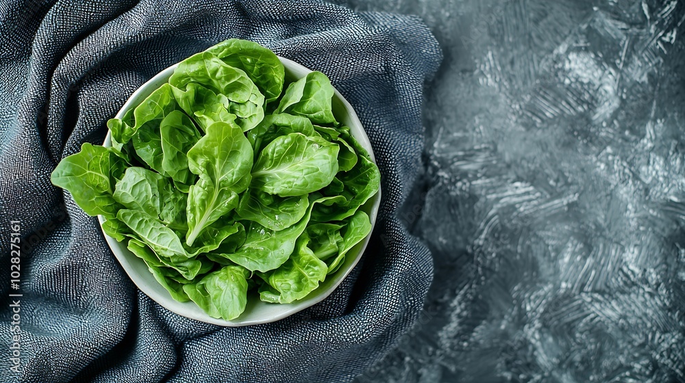 Poster romaine lettuce salad on grey textile background top view copy space : generative ai