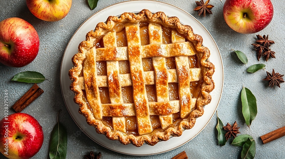 Aufkleber apple pie on a white plate grey background top view : generative ai