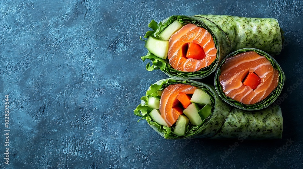 Aufkleber wrap sandwich roll with fish salmon and vegetables blue background copy space top view : generative 