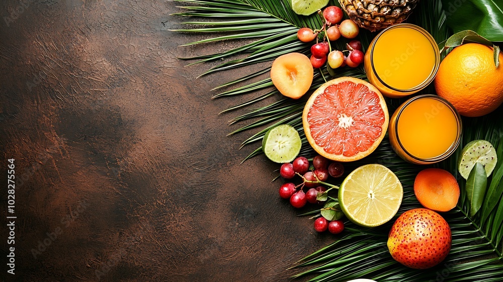 Aufkleber tropical fruits assortment with fresh juice palm leaf background copy space close up : generative ai
