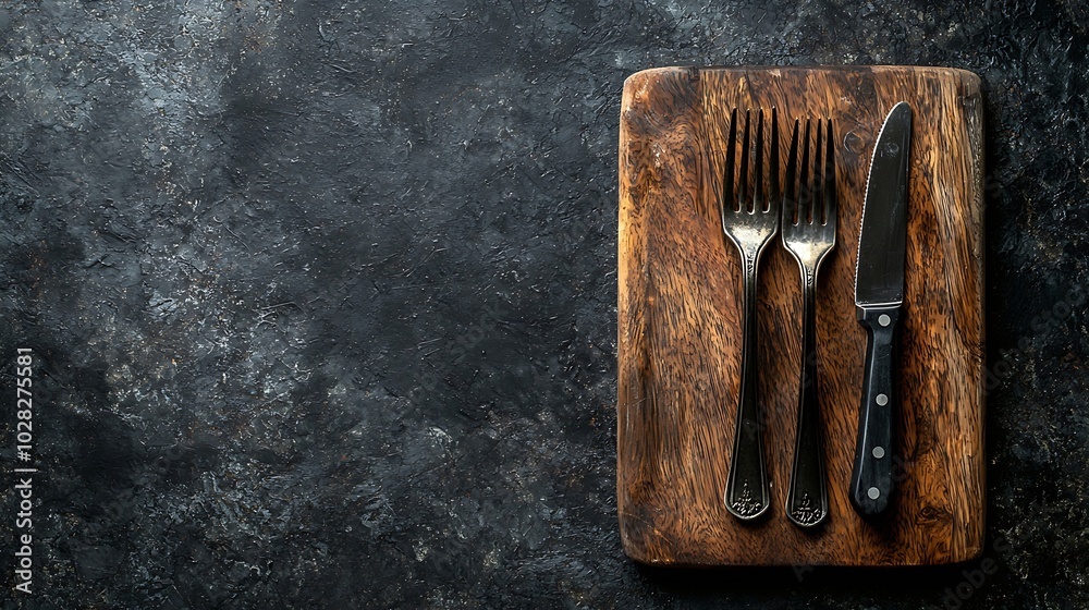 Poster cutting board with cutlery fork and knife grey background top view : generative ai