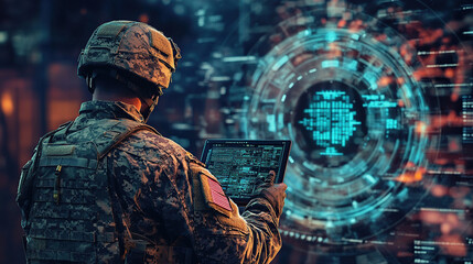 American soldier examining AI screen in cyberspace