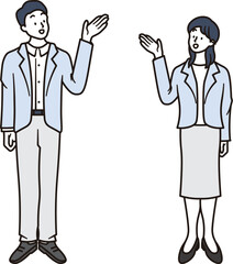 案内する男性と女性の会社員のシンプルな全身イラスト素材