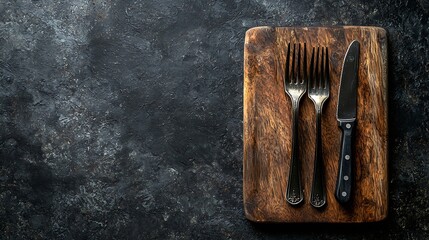 Cutting board with cutlery fork and knife Grey background Top view : Generative AI