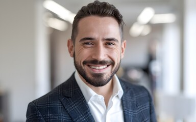 A close-up photo of Portrait of a happy and successful realtor, businessman and real estate agent presents a new home or office. 