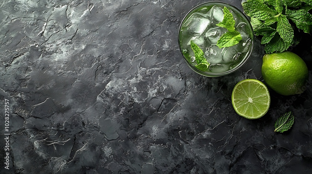 Poster mojito cocktail with lime and mint in highball glass on a grey stone background top view copy space 