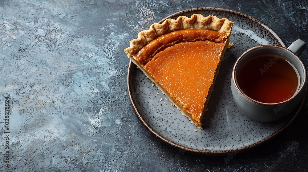 Poster pumpkin pie tart on a plate with cup of tea dark background copy space top view : generative ai