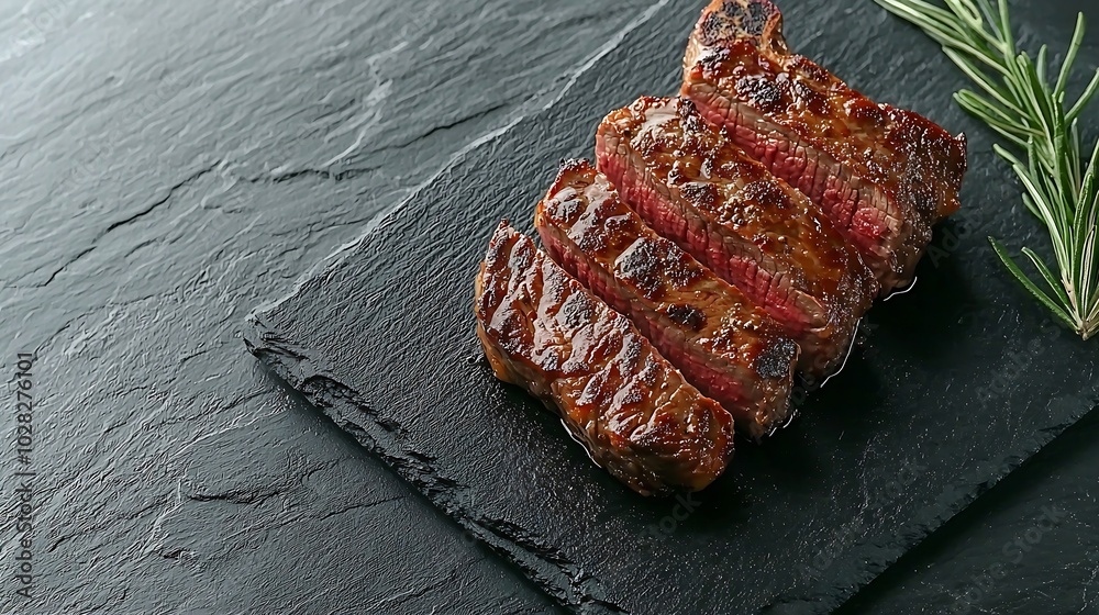 Poster Grilled sliced beef steak on slate stone table Top view Copy space : Generative AI
